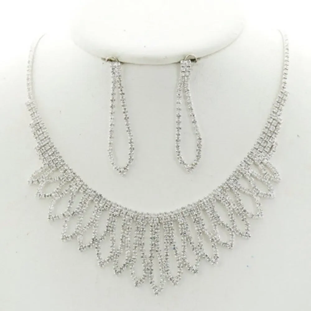 Silver Tone Clear Rhinestone Statement Necklace & Earring Set - Picture 1 of 3